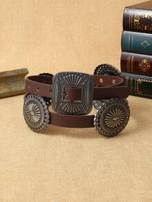 Valentine's Day,1pc Women's Coffee Color PU Round Buckle Belt, Fashionable Classic Leather Belt Suitable For Everyday Use Fall, Autumn, Halloween,Belts For Women,Western Belt, Youth,Casual, Outdoor, Athletic, Vacation, Metal Chain Decorative Belt For Women, Simple Yet Versatile Dress, Fashionable Body Chain, Circular Hollow Waist Chain - 彩色 - 查看 7