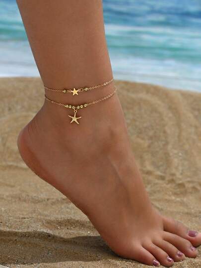 1 pieza Tobillera minimalista, de moda y sexy de estilo bohemio de verano con colgante de pentágono, cuentas y estrella de mar de múltiples capas, adecuada para uso diario casual, fiestas, festivales de música y vacaciones en la playa