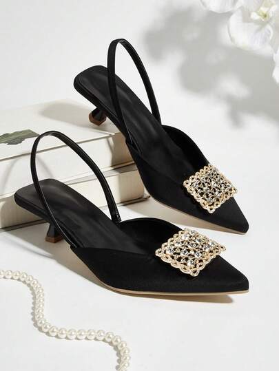 Sandalias de tacón alto con punta de rhinestone y sin talón, elegantes y cómodas para banquetes, fiestas, festivales y bailes, color negro