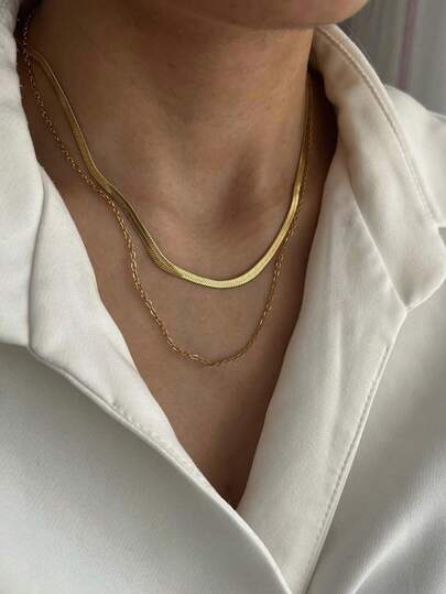 2 Stücke/Set goldene Flachschlangen-Knochenform Edelstahl Kette Halskette für Frauen