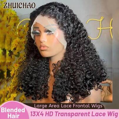 吹潮 34 英寸 180% 密度 13x4 蕾丝前真人发假发 短卷波波头蕾丝前真人混纺假发 预拔毛带婴儿发 水波纹前额假发 女士自然黑色杰瑞卷蕾丝前假发 耳到耳大面积蕾丝假发