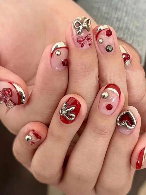 Short Square-Shaped Nail Clips. Short Valentine's Day Nail Clips (With A Designed Wine-Red Mirror French Heart Bow Pattern) Full Coverage Nail Clips (Stuck On The Nails With Artificial Acrylic Glue) Suitable For Women. 24-Piece Set.