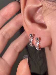 1 Pair Women's Stainless Steel Earrings, Fashion Zirconia Embedded C-Shape Screw Stud Earrings, Punk Piercing Daily Accessory - Silver - View 2