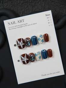 10片手工方形短指甲贴，波点海星图案棕色指甲贴，手绘花卉亚克力美甲贴纸，美甲饰品，可重复使用的不对称图案线条贴纸，闪亮金色铆钉 - 适合女性和女孩，派对、婚礼、日常佩戴、DIY美甲，包含工具包。手工美甲贴纸。假指甲。美甲用品 - 摩卡棕 - 查看 3