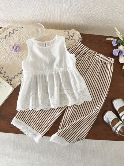 bearleader Sommarset för flickor - Modern vit spetsväst med lapptäcke och randiga byxor, vardagskläder för 3-7 år