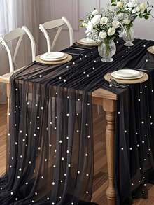 1Pc White Pearl Tulle Decorative Tablecloth,Boho Rustic Cheese Cloth Table Runner For Baby Shower Decoration Wedding Easter Summer Table Runner Baby Shower Family Decorations Gifts - Đen với ngọc trai - Xem 2