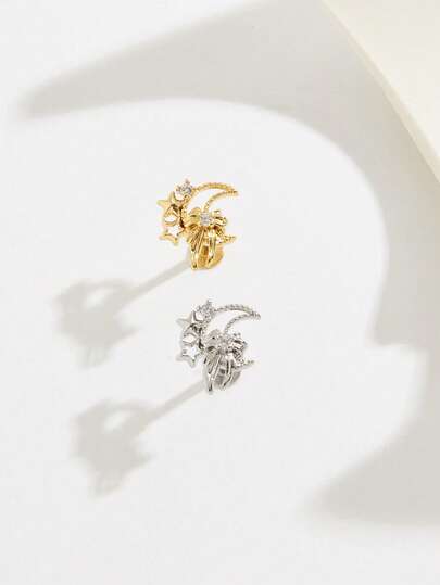 1pc Fashionable Cute Moon, Star & Bow Tie Rhinestone Stainless Steel Earrings, Suitable For Women's Daily Wear