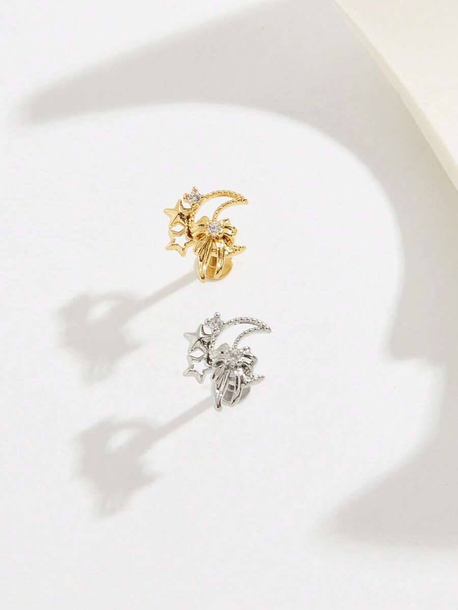 1件时尚可爱月亮、星星和蝴蝶结水钻不锈钢耳环，适合女性日常佩戴 - 彩色 - 查看 1