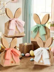 12个/28个/79个（24套）复活节兔子礼品袋，包含兔耳朵牛皮纸袋、4卷丝带、50个彩色绒球棕色兔子图案礼品包装袋，适用于春季生日、复活节礼物、复活节派对装饰。 - 彩色 - 查看 1