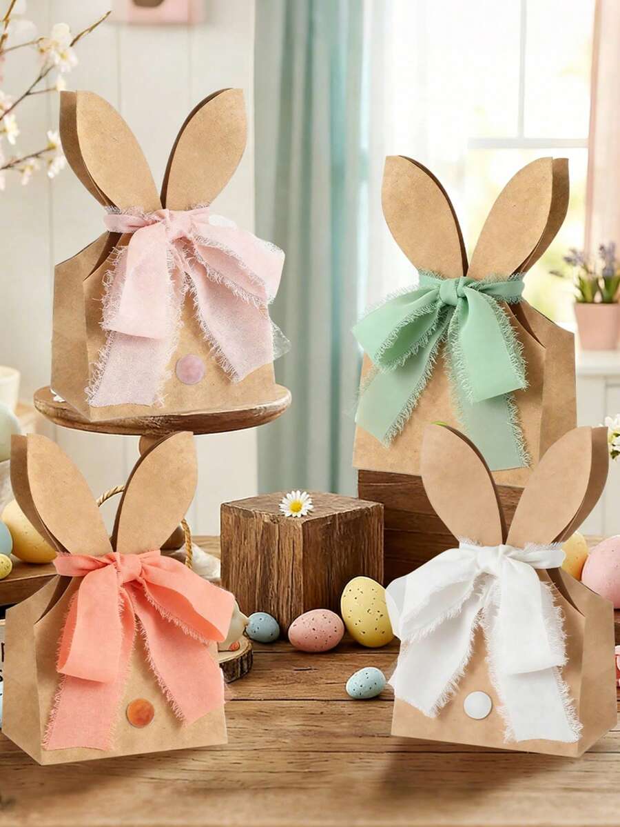 12个/28个/79个（24套）复活节兔子礼品袋，包含兔耳朵牛皮纸袋、4卷丝带、50个彩色绒球棕色兔子图案礼品包装袋，适用于春季生日、复活节礼物、复活节派对装饰。 - 彩色 - 查看 1