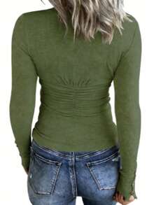 Women's Long Sleeve Henley Shirts Button Down Tops Scoop Neck Ribbed Knit Shirts - 軍綠色 - 查看 2