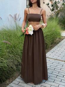 Unadoll 女士夏季性感背心和弹力百褶裙套装，适合约会、度假、情人节和旅行穿着 - 棕色 - 查看 6