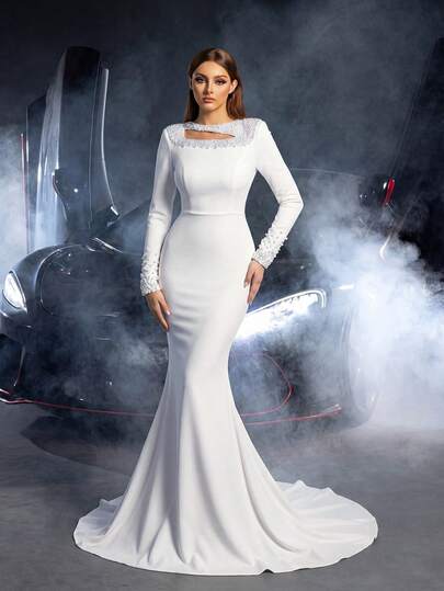 Faeriesty Elegant White Long Sleeve Mermaid Evening Dress, With Beaded Neckline And Cuffs, Fitted Satin Formal Gown, Suitable For Wedding Guests, Formal Dinners, Celebrations, And Galas