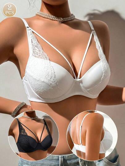 2件装女士性感黑白花卉蕾丝钢圈聚拢文胸 - 可调节肩带舒适内衣