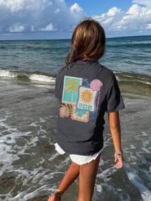 Tween Girls' Tropical Summer Print Short Sleeve T-Shirt, Student Young Casual Wear, Prepared For Girls Going To Play In Summer - Dark Grey - View 3
