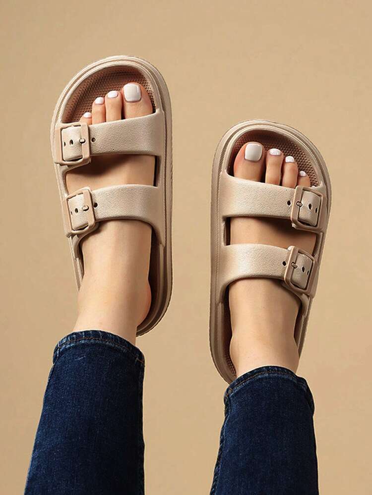 Women's Double Buckle Champagne EVA Sole Flip Flops, Fashionable, Soft, Non-Slip, Suitable For Beach Wear, Spring/Summer - Champagne - View 2