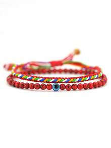 2件套编织绳手链 邪眼吊坠手链 波西米亚风石珠手链配饰首饰 - 彩色 - 查看 10