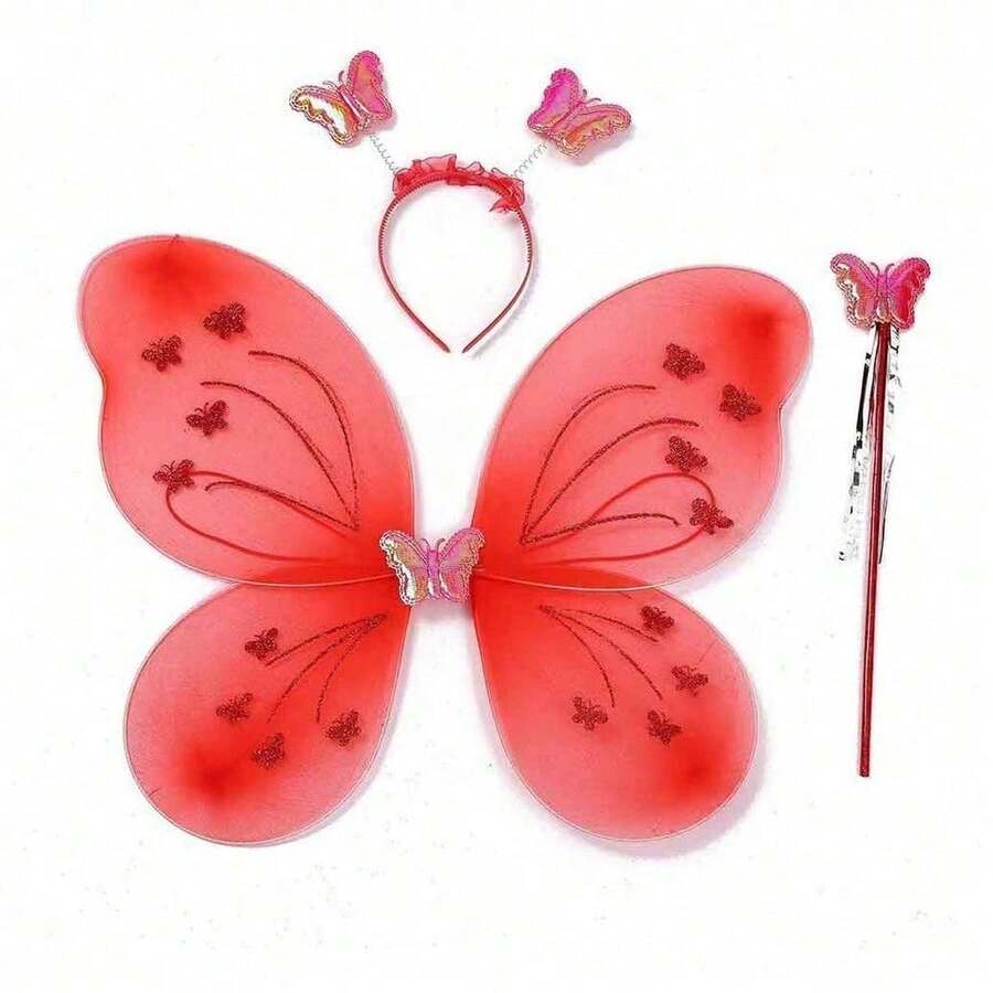 Kit Of 3 Butterfly Wing Fairy Costume With Wand And Tiara - Red - View 1