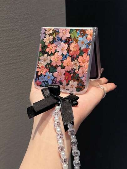 1PC Fashion Matte PC Material Simple And Cute Full Screen Colorful Flower Element Folding Phone Case, Paired With Same Color Bracelet, Can Protect And Prevent Falling: SamsungGalaxy Zflip 3/Zflip 4/Zflip 5/Zflip 6/Zflip 7/OPPO Find N3 Flip/ Razr 50 Ultra/ Razr 60 Ultra/ Razr 50/XiaomiMIX Flip/Galaxy Z Flip7 FE