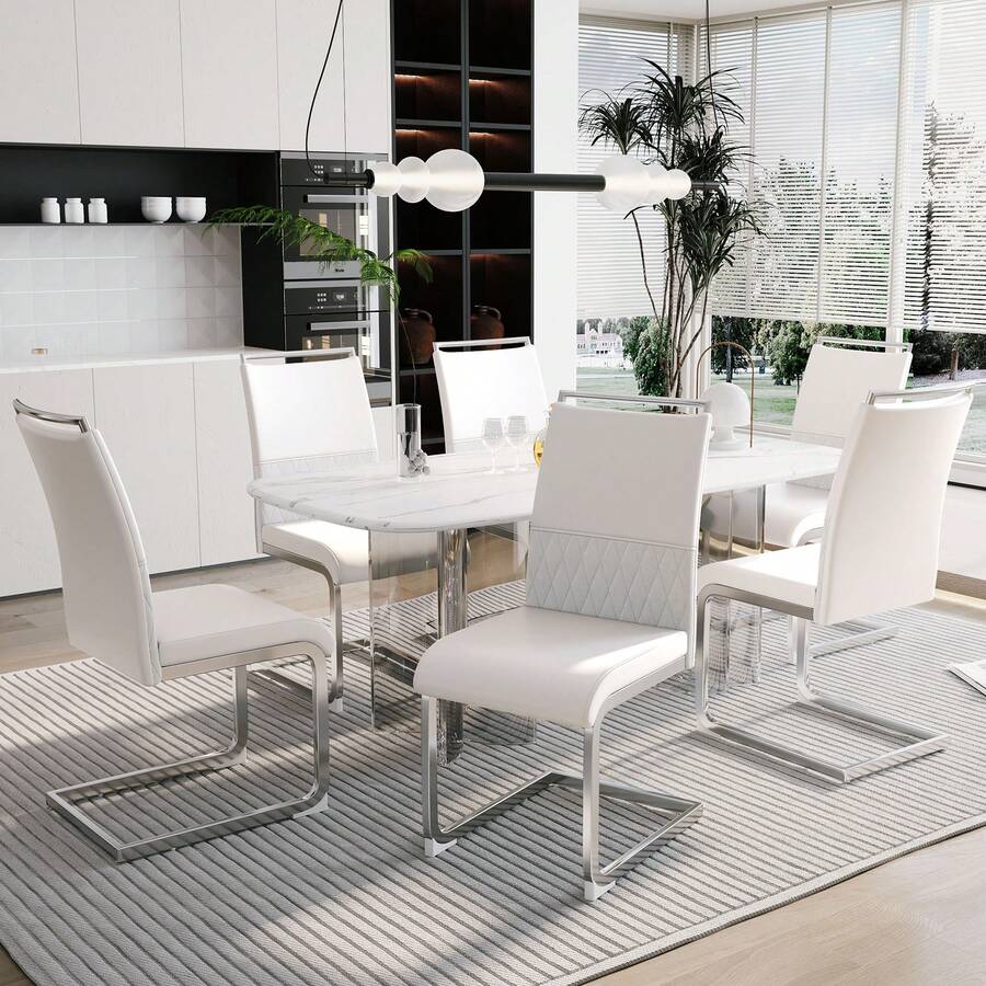 Set Of 6 Modern Dining Chairs, PU Faux Leather And Linen, Padded Side Chair, Crossbar Design On The Back, Dining Room, Kitchen, Office Chair, White - White - View 1