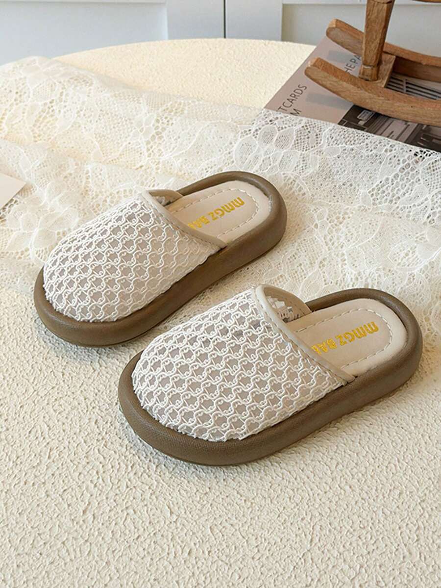 1 Pair 2026 Summer New Kids Lace Slippers, Girls Soft Bottom Breathable Closed Toe Mules, Fashionable Casual Shoes - Beige - View 1