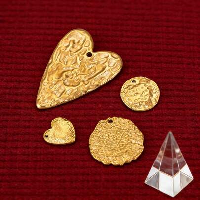 5pcs Stainless Steel Heart Charms For Jewelry Embossed Gold Plated Round Earrings Making Supplies Charm Connectors Diy Findings