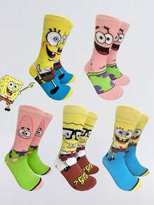 SpongeBob SquarePants 8pcs/7pcs/5pcs/4pcs/3pcs/1 Pair  Printed Crew Socks For Women, Funny Cartoon Socks With Random Expressions, Suitable For Home, Vacation, Sports And Daily Wear, All Seasons - Multicolor - View 8