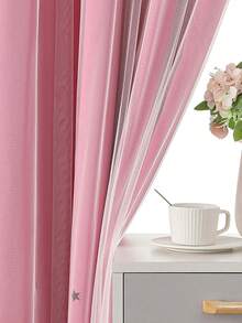 1pc Hollow Star Sheer Curtain, Polyester Lace Double Layer Curtain, Darkening Curtain For Living Room Bedroom, Cute Style - Coral Pink - View 8