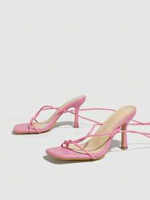 女士经典绑带高跟凉鞋，露趾交叉绑带性感派对沙滩鞋，方头罗马风粉色凉鞋 - 粉色 - 查看 5