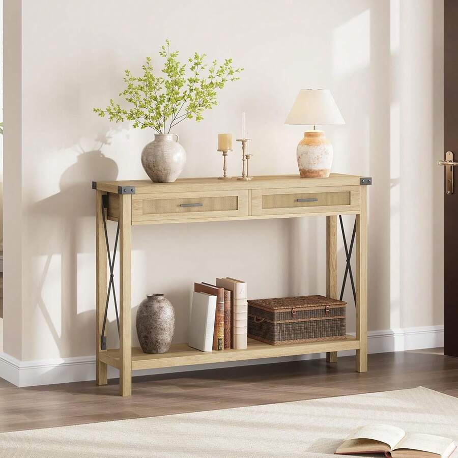 Mesa de Entrada Bohemia con Cajones de Ratán 43 Pulgadas - Consola con Almacenamiento para Sala, Pasillo y Vestíbulo - Color de la madera - Ver 1