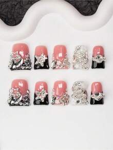 10Pcs Handmade Y2K-Style Duck Mouth Nail Tips Nude And Black Colors With French Tip Crystal Snake Flower Planet Star Elements Suitable For Parties Balls Daily Wear Unisex For Women And Girls Comes With Accessories Great Gift Press On Nails Nail Supplies Nails - 多色的 - 查看 2