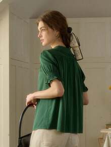 Simple Retro Women Blouses - Green - View 5