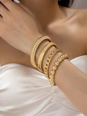 4pcs Minimalist Geometric Asymmetric Teardrop Thick Textured Gold-Tone Bangle Set, Suitable For Women, Made Of Rugged Smooth Matte Heavy Metal And Zinc Alloy