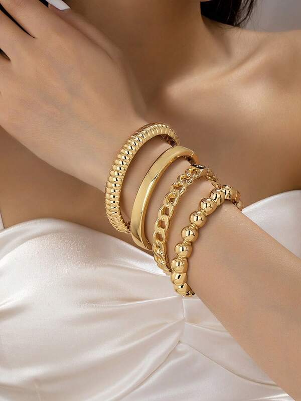 4pcs Minimalist Geometric Asymmetric Teardrop Thick Textured Gold-Tone Bangle Set, Suitable For Women, Made Of Rugged Smooth Matte Heavy Metal And Zinc Alloy