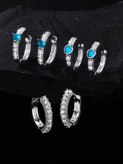 1 Pair Men's Rhinestone Earrings, Fashion Style, Copper Zirconia Inlaid Blue Heart Shape, Personalized Hip-Hop Earrings, Versatile Style, Suitable For Daily Wear And Parties