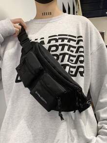 1pc Men's Nylon Waist Bag, Casual Fashion Solid Color Letter Design, Adjustable Strap, Suitable For Sports, Fitness, Commuting, Great As Christmas Gift For Husband, Cycling Bag, Crossbody Bag, Fanny Pack, Holiday Storage Bag, Large Capacity Outdoor Portable Chest Bag - Black - View 3