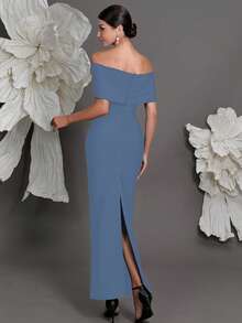 露肩绷带针织紧身连衣裙，奢华欧式风格，修身铅笔裙，适合家庭聚会、派对、宴会等场合。 - 淺色水洗藍 - 查看 2