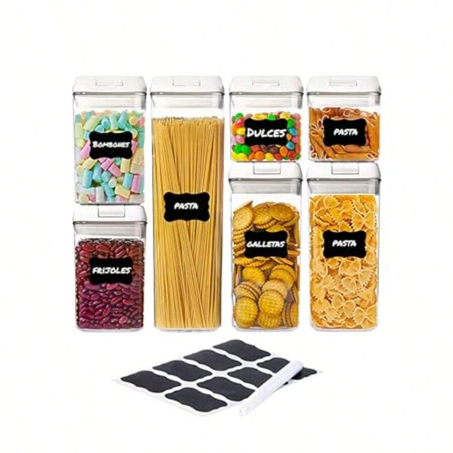 zxxBluelander uego de 7 Recientes ermeticos para Alimentos Organizacion de Cocina Alacena Sin BPA No Toxicos Etiqus de Identcacion Lavable 4 Tamaños mente b Blanco 7organizador de cocina - Blanco - Ver 1