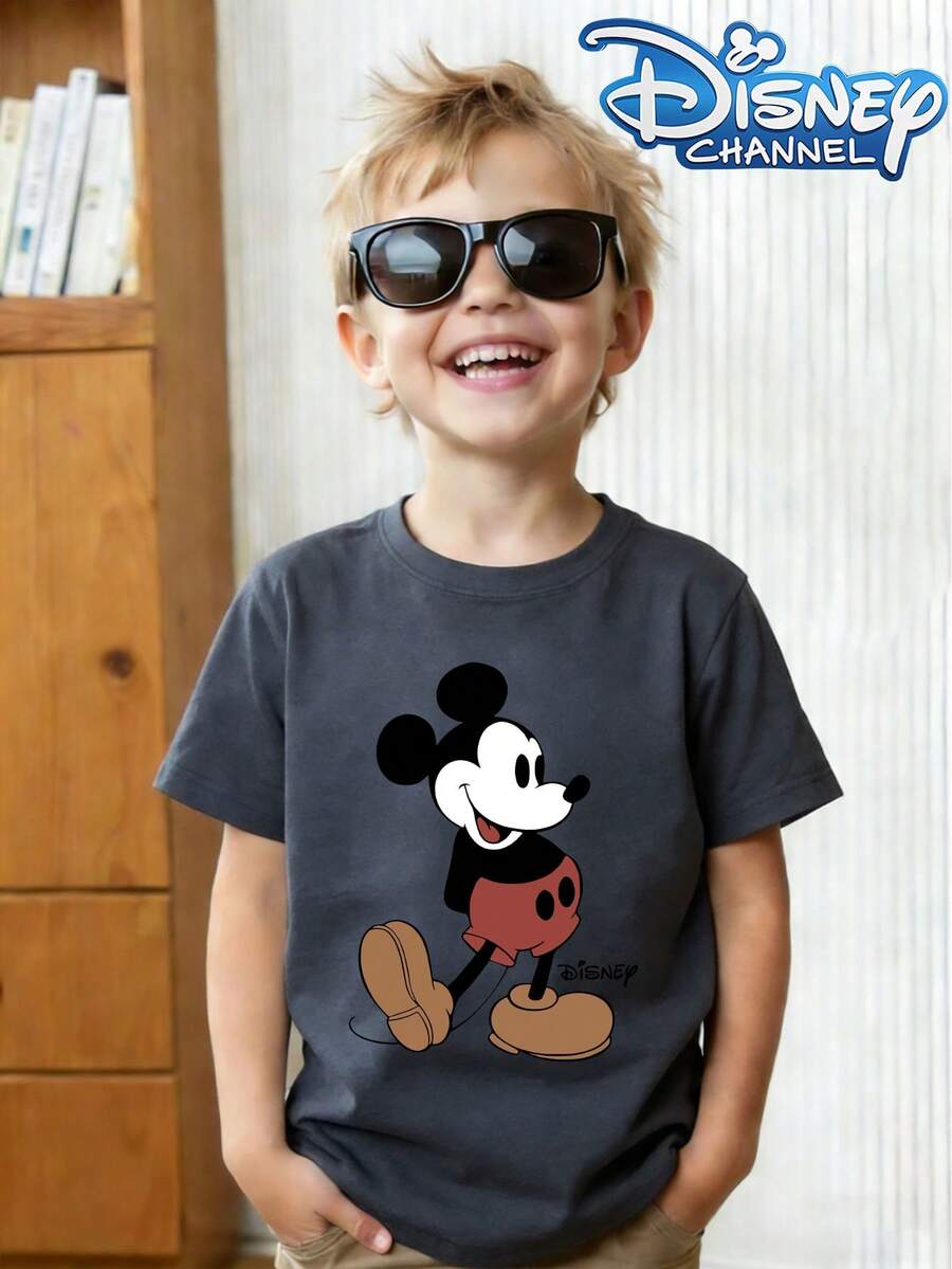 Disney Mickey Pattern Crew Neck Summer T-Shirt, Suitable For Boys And Girls To Wear For Holiday Parties, Dinners, Outdoor Activities, Travel, And As A Gift For Children Visiting Disneyland. - Màu xám đen - Xem 1