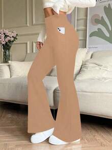 Pantalones acampanados de cintura alta de unicolor con bolsillos laterales, adecuados para uso casual, deportivo, yoga, leggings de compresión, correr, fitness en primavera para mujeres - color tierra - Ver 2