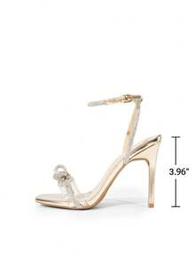 Women Bowknots Crystal Heeled Sandals Fashion Square Toe Rhinestone Decor Ankle Strap Heels For Sweet-Meets-Sassy Styles, For Autumn Party Wedding Prom - Gold - View 8