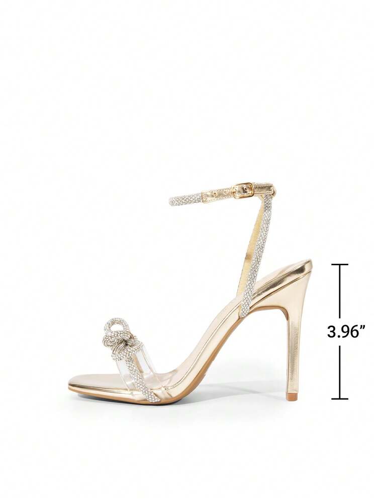 Women Bowknots Crystal Heeled Sandals Fashion Square Toe Rhinestone Decor Ankle Strap Heels For Sweet-Meets-Sassy Styles, For Autumn Party Wedding Prom - 金色 - 查看 8