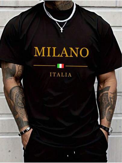 Shirts For Men Men' Milano Short Sleeve, Chic Letter Print Design - Perfect For Summer Sports, Casual Wear, And Everyday Styling Men's Casual Print Round Neck Short Sleeve T-Shirt Men Women T-Shirt Print Tee