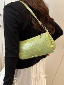 女士鳄鱼纹法棍包，新款时尚手提包，配有肩带，简约腋下包 - 綠色 - 查看 4