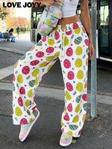 Pantalones de pierna ancha con estampado de huevo LOVE JOYY para mujer, pantalones casuales sueltos, adecuados para el uso diario de primavera y fiestas de Pascua - Multicolor - Ver 8
