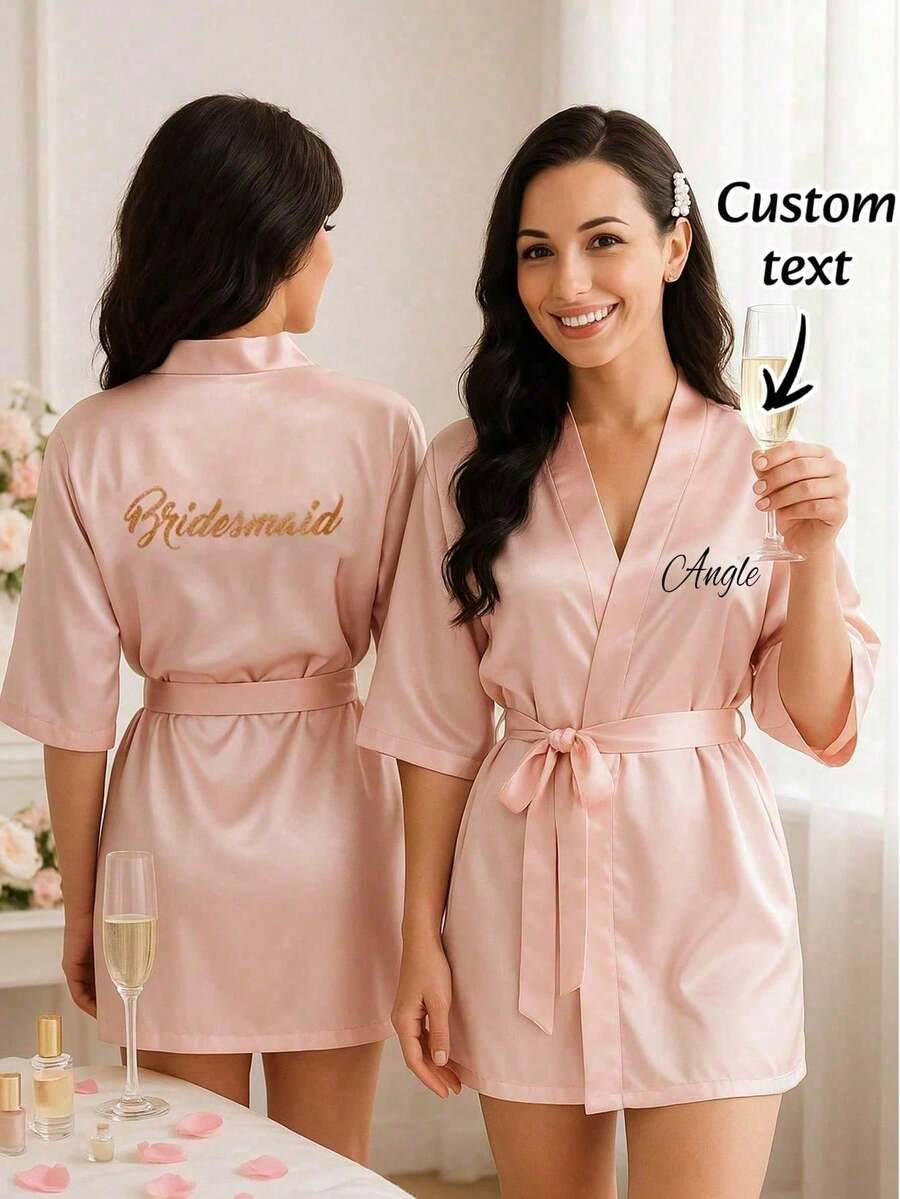 定制缎面新娘晨袍，半袖设计，定制伴娘新娘晨袍，个性化缎面晨袍，定制新娘晨袍，伴娘准备晨袍，婚礼派对晨袍，蕾丝边晨袍，定制姓名晨袍，新娘晨袍礼品 - 彩色 - 查看 1