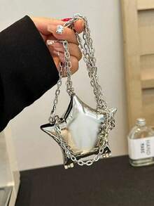 1个迷你金属小包，电镀银色零钱包，闪亮前卫金属星形手提包，配链条肩带，独特造型手拿包，珠宝袋，优雅零钱包，耳机盒，婚礼 - 銀色 - 查看 1