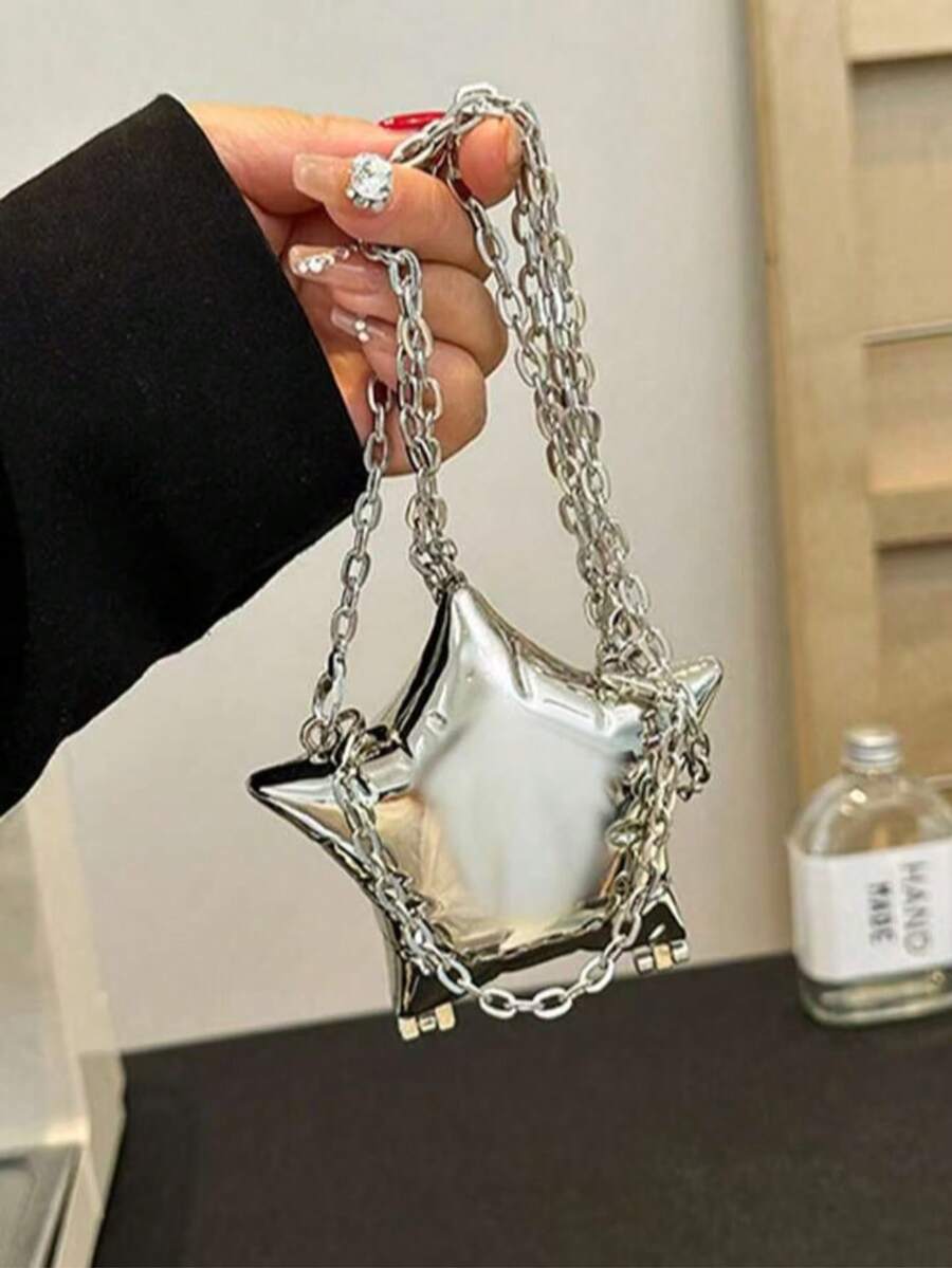 1个迷你金属小包，电镀银色零钱包，闪亮前卫金属星形手提包，配链条肩带，独特造型手拿包，珠宝袋，优雅零钱包，耳机盒，婚礼 - 銀色 - 查看 1