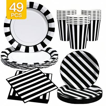 Simple Solid Striped Disposable Plate, Napkin, Cup Set, Plates, Napkins And Cups Party Supplies, Suitable For 8 Guests, Disposable Paper Plates Party Tableware Suitable For Birthday, Wedding, Theme Party, Family Picnic