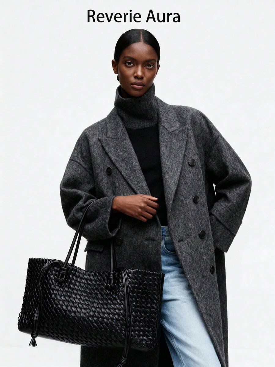 2026新款小众通勤编织手提包，时尚百搭超大容量单肩包 - 黑色 - 查看 1